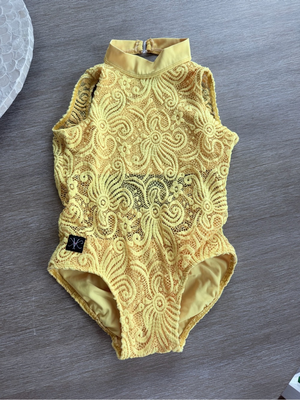 Kandi Kouture Child Large 7/8 Yellow Lace Open Back Dance Leotard